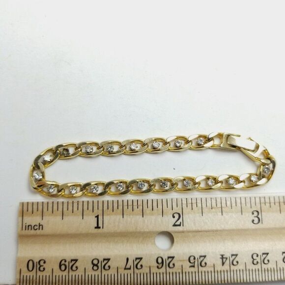 Vintage Gold Tone Chain Bracelet with Rhinestones, Stacking Classic Estate - Picture 5 of 6